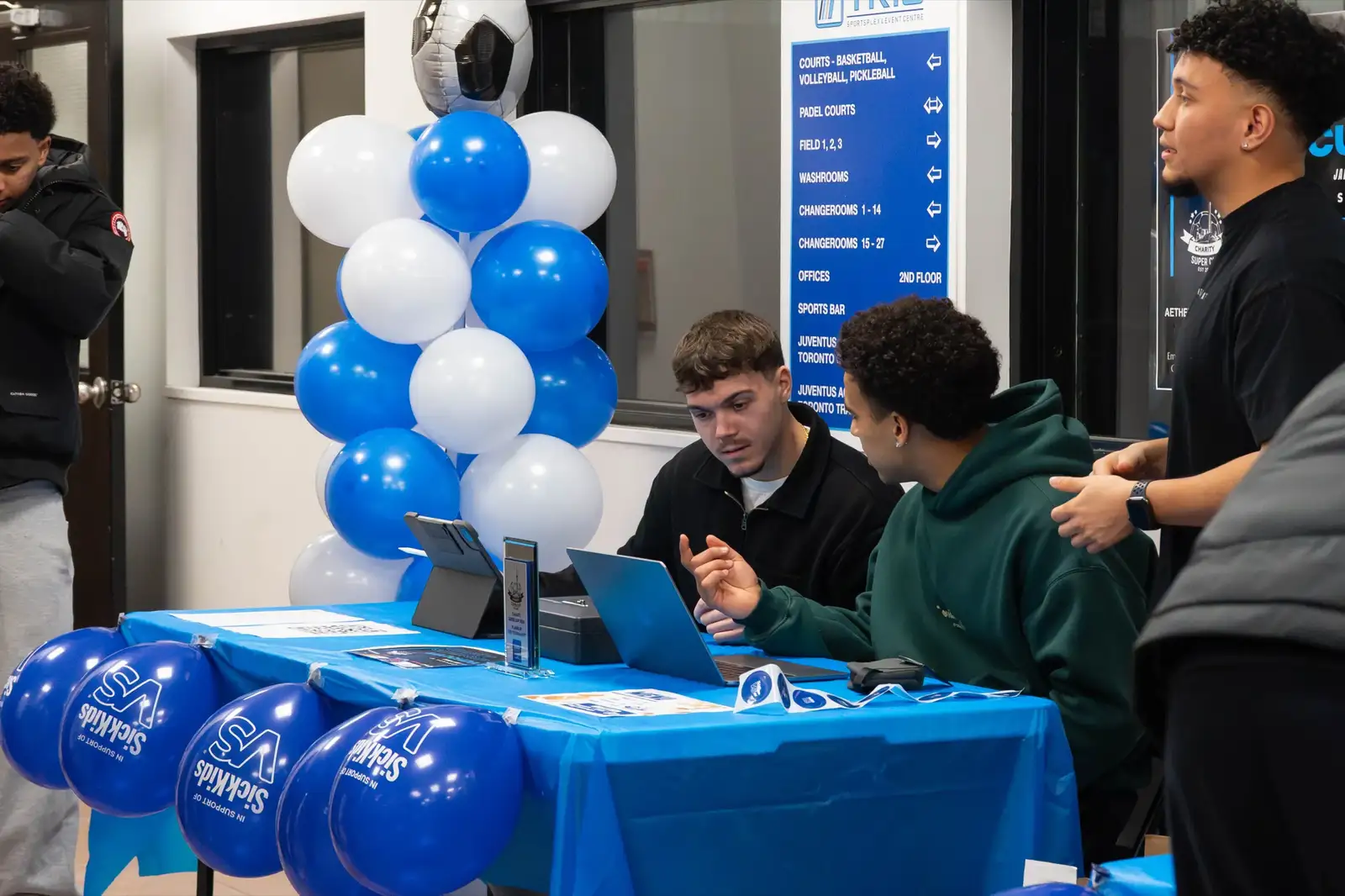 Registration check-in desk at the Charity Super Cup tournament