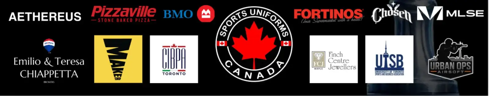 Logo wall of all Charity Super Cup sponsors: Aethereus, Pizzaville, BMO, Emilio & Teresa Chiappetta, Maker Pizza, CIBPA Toronto, Sports Uniforms Canada, Fortinos, Chosen, MLSE, Finch Centre Jewellers, UTSB, and Urban Ops Airsoft